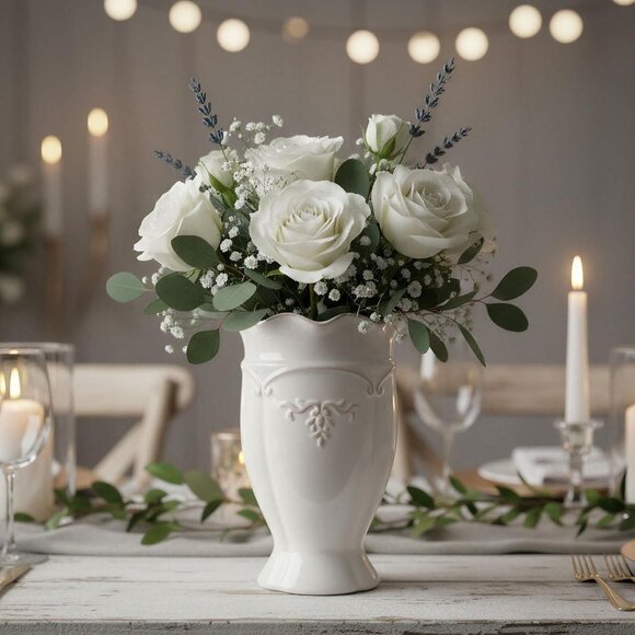 White Ceramic Flower Vase 6.8 Inch Small French Vintage Home Table Decor - Picture 3 of 8